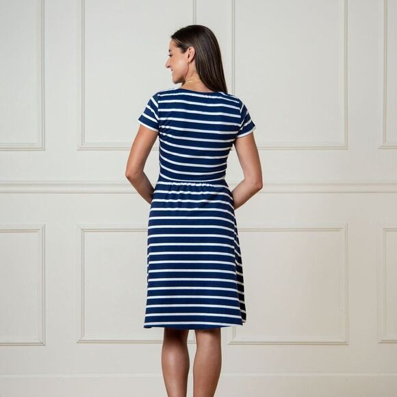 Hope & Henry Navy White Stripe Organic Tie-Waist Knit Dress Size 8 - Picture 5 of 8